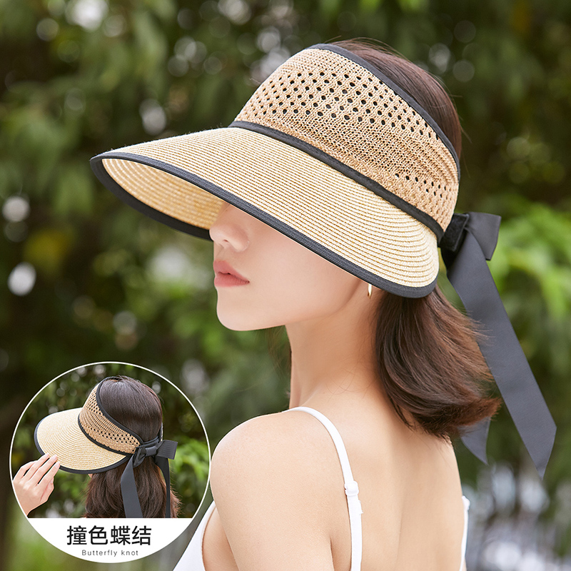日式草帽女防晒帽夏季骑行遮脸海边空顶帽遮阳帽子薄款沙滩太阳帽