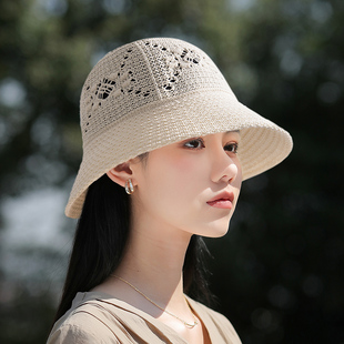 进口日本和纸帽子女夏季轻薄镂空透气防晒渔夫帽可折叠水洗太阳帽