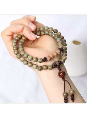 原创老料绿檀木双圈佛珠手串森系学生檀香百香籽民族风手链情侣