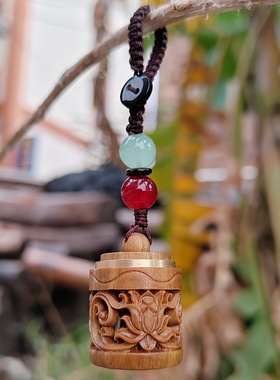 钥匙扣民族风实木新中式桶型莲花香囊扩香器男女随身吊饰木质挂件
