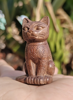 新中式实木雕刻可爱猫图腾摆件文玩把件家居电视柜书房装饰品