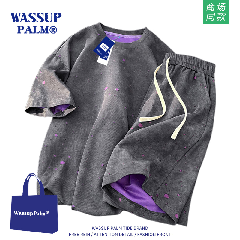 WASSUP PALM运动服套装男2025新款夏季扎染破洞短袖短裤两件套潮