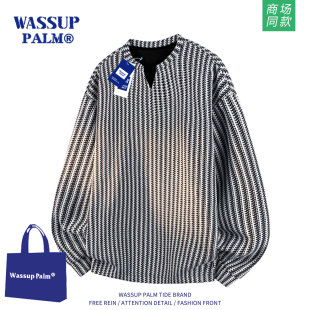WASSUP PALM长袖t恤男款春秋季美式慵懒风宽松休闲V领打底衫卫衣