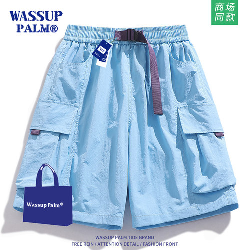 WASSUPPALM蓝色工装短裤男夏季