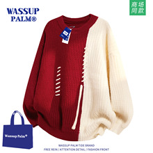 WASSUP PALM毛衣男款2025新款秋冬季宽松撞色加绒加厚圆领针织衫