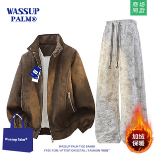 WASSUP PALM运动套装男女款2025新款冬季美式加绒夹克长裤一整套
