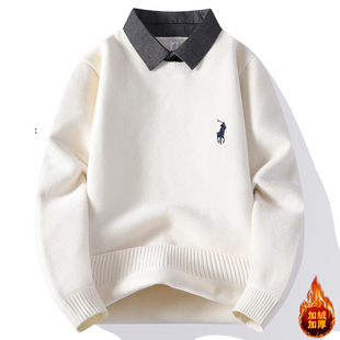 衬衫领针织衫冬季男款毛衣男士加绒加厚假两件打底衫潮流休闲男装