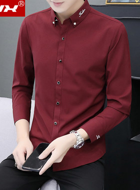 春秋季男士衬衫长袖韩版潮流修身休闲帅气衬衣酒红色弹力刺绣寸衫
