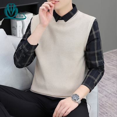 秋冬季格子衬衫领圆领针织衫男