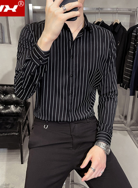 高级感轻奢黑色条纹衬衫男士长袖韩版潮流帅气休闲寸衬衣修身免烫