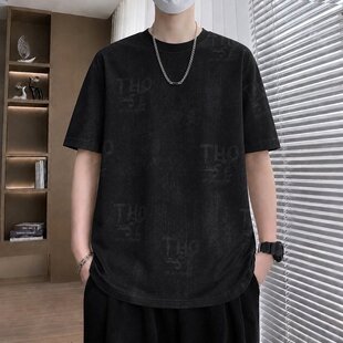 潮牌字母印花t恤男士痞帅宽松青少年短袖男生个性休闲圆领体恤衫