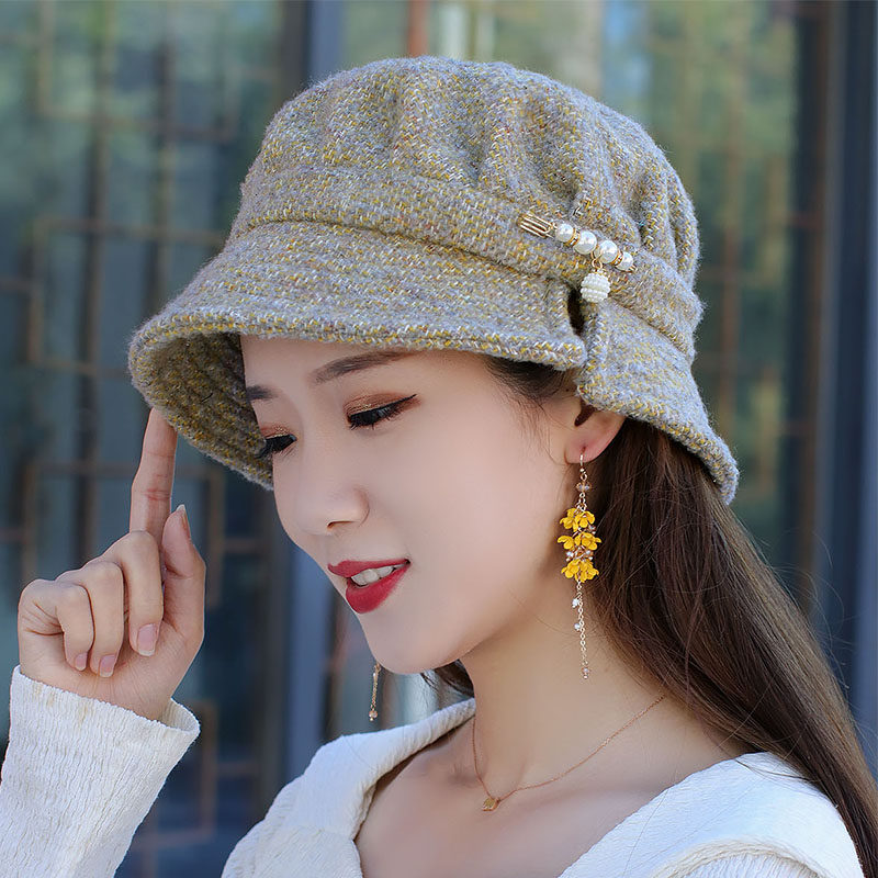 呢子帽秋冬百搭羊毛呢圈圈绒盆帽显脸小渔夫帽中老年妈妈保暖帽子