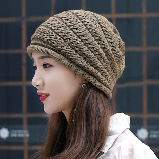 针织卷边大码镂空网眼遮白发包头帽装饰堆堆帽春秋冬天保暖护耳帽
