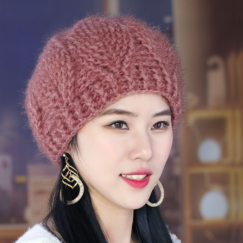 手工针织韩版叶子花朵松鼠绒贝雷帽包头帽保暖毛线帽中老年妈妈帽
