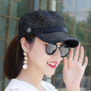 夏季镂空网眼蕾丝平顶帽透气鸭舌帽扎马尾骑车防晒网纱帽遮阳凉帽