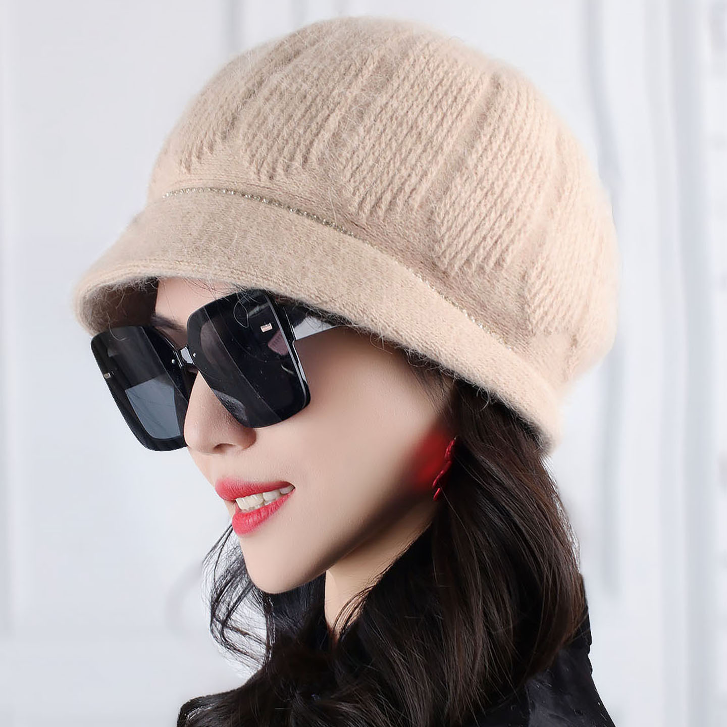 秋冬新款加绒兔毛贝雷帽麻花纹针织毛线帽大码妈妈帽骑车防风帽冬