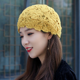 秋冬双层手工钩花镂空针织毛线帽花朵包头帽遮白发帽妈妈帽显年轻