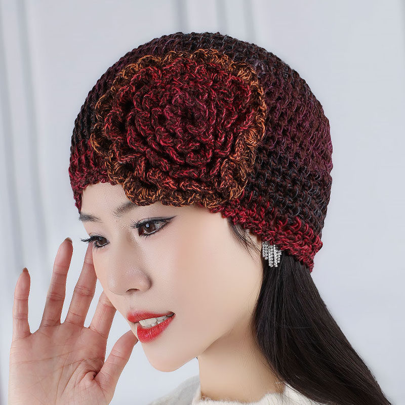 女士秋冬天毛线帽时尚手工针织立体牡丹花包头帽单层透气护耳保暖