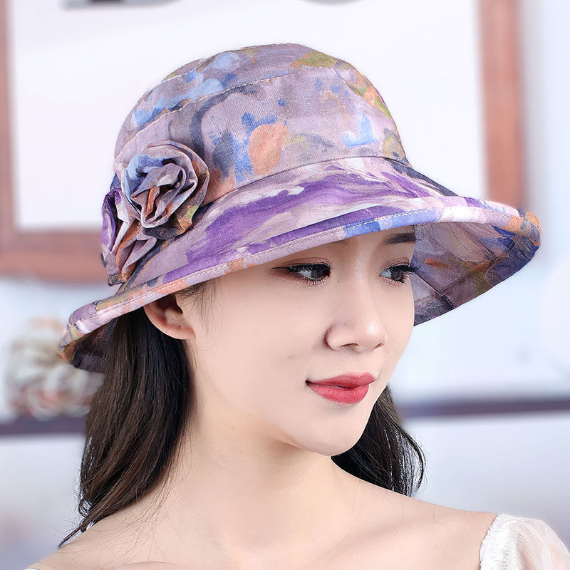 女士春夏天渔夫帽子韩版时尚印花遮阳帽欧根纱透气对花盆帽可折叠