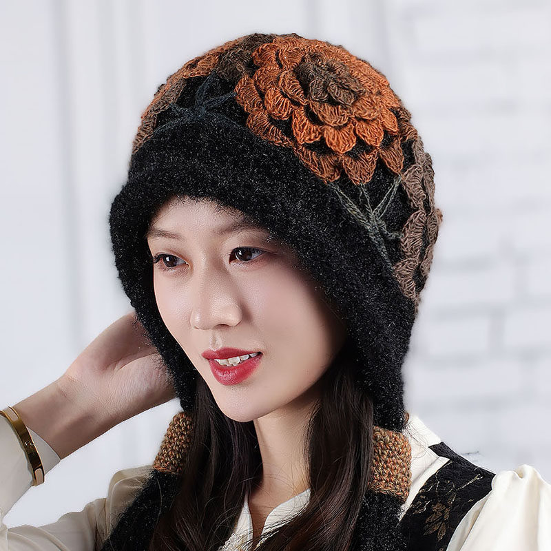 女士秋冬天毛线帽子时尚手工钩花羊毛针织帽流苏马尾休闲百搭护耳