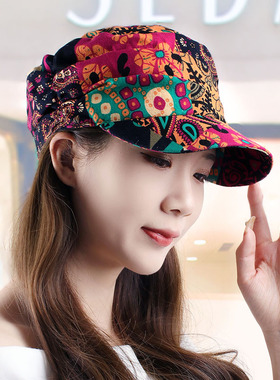 帽子女春夏天民族风印花显脸小时装帽休闲贝雷鸭舌帽妈妈平顶布帽