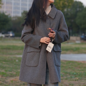 2023秋冬新款韩版宽松小个子高端双面零羊绒大衣女27驼色羊毛外套