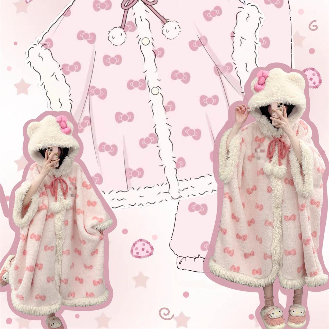 Kitty酱 冬季新款少女加绒加厚睡衣女珊瑚绒软妹家居服斗篷套装