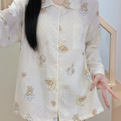 新款月亮小熊可爱纯棉睡衣少女甜美家居服甜妹长裤长袖宽松套装
