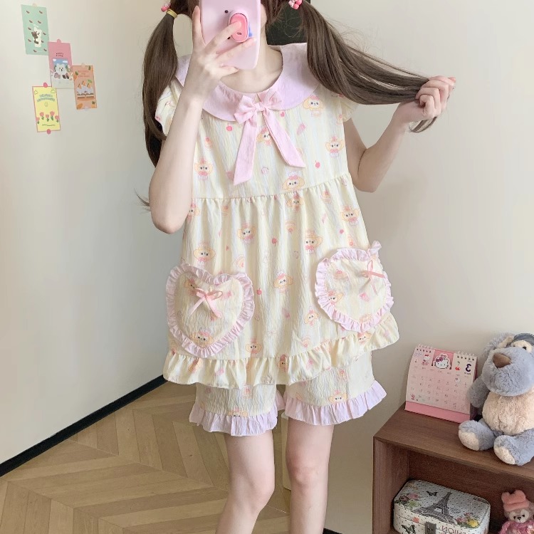 原创！＜厨师饼饼＞娃娃领夏季新款小飞袖卡通可爱睡衣女甜美套装