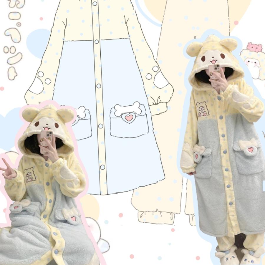 原创！毛毯熊冬季新款少女加绒加厚睡衣女法兰绒软妹睡袍家居服