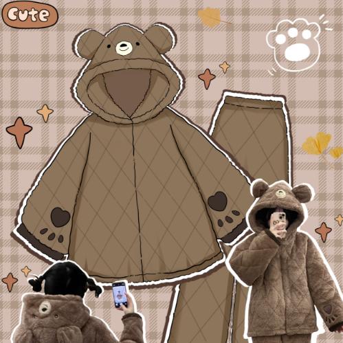 毛绒棕熊珊瑚绒三层夹棉睡衣女娃娃领可爱厚少女外穿家居服套装