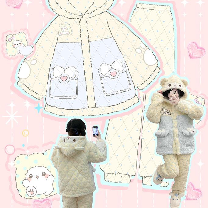 原创! 毛毯熊法兰绒三层夹棉睡衣女可爱加厚少女外穿家居服套装