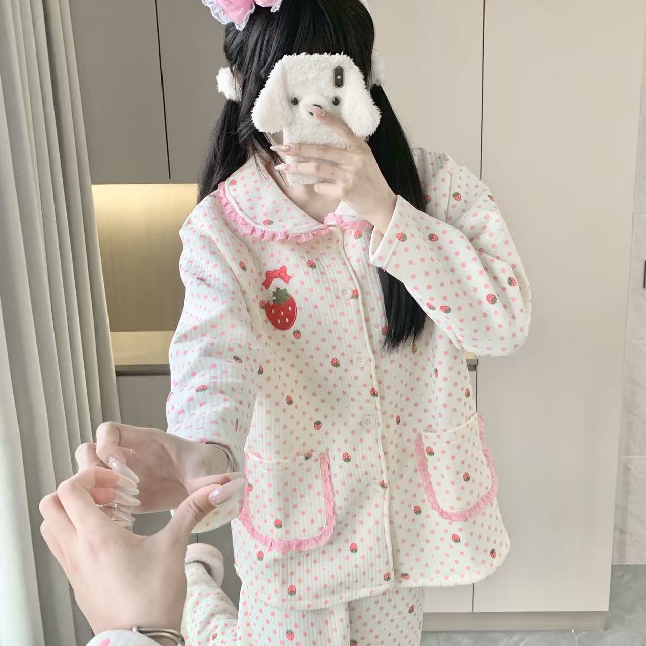 粉色花边草莓睡衣女秋冬空气棉加厚保暖网红可爱波点娃娃领家居服