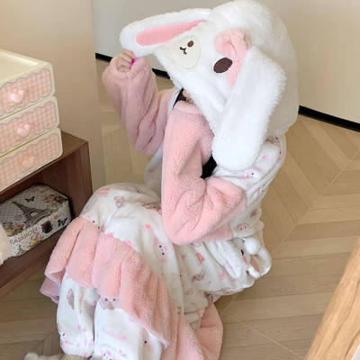 原创！新款甜点兔冬季长款睡袍法兰绒加厚可爱闺蜜装宅家可外穿