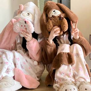 睡袍法兰绒加厚可爱甜美闺蜜装 原创 长款 甜点兔冬季 宅家外穿 新款