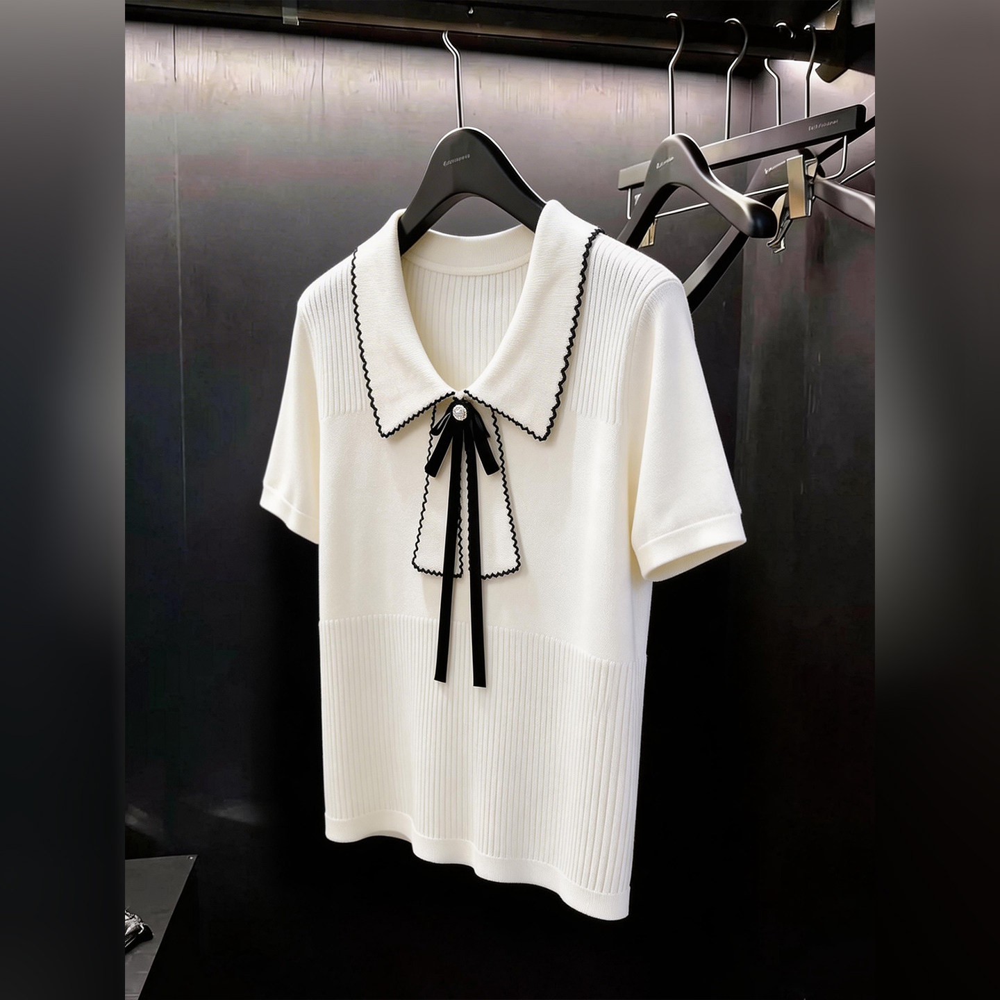 甜美风娃娃领蝴蝶结短袖针织开衫女夏季新款白色显瘦百搭大码上衣