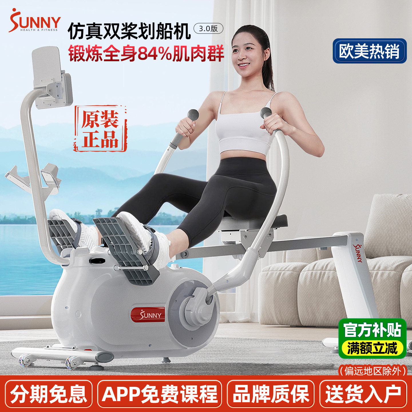 美国SUNNY双桨划船机家用健身器材室内磁阻静音减肥护膝锻炼肩颈