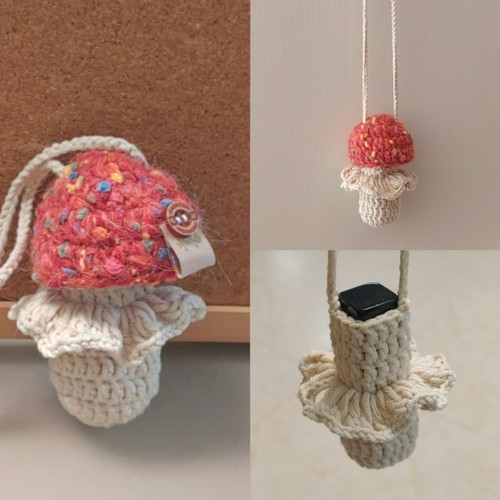 [成品]手工编织森系特色毛线小蘑菇挂脖时尚口红套唇膏袋包包挂件