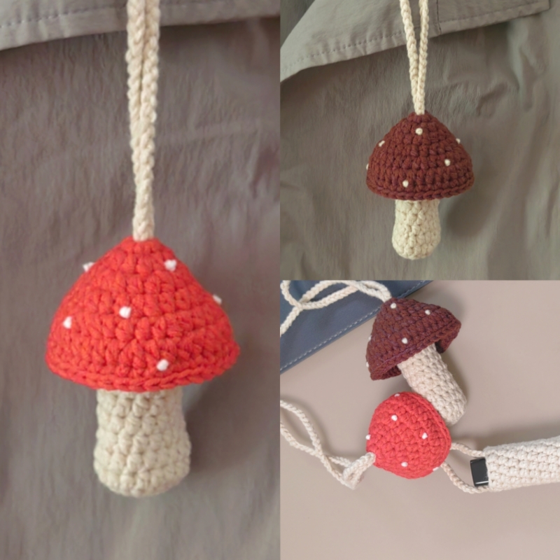 成品手工编织蘑菇挂脖项链毛线钩针口红袋秋冬毛衣链唇膏套包挂件