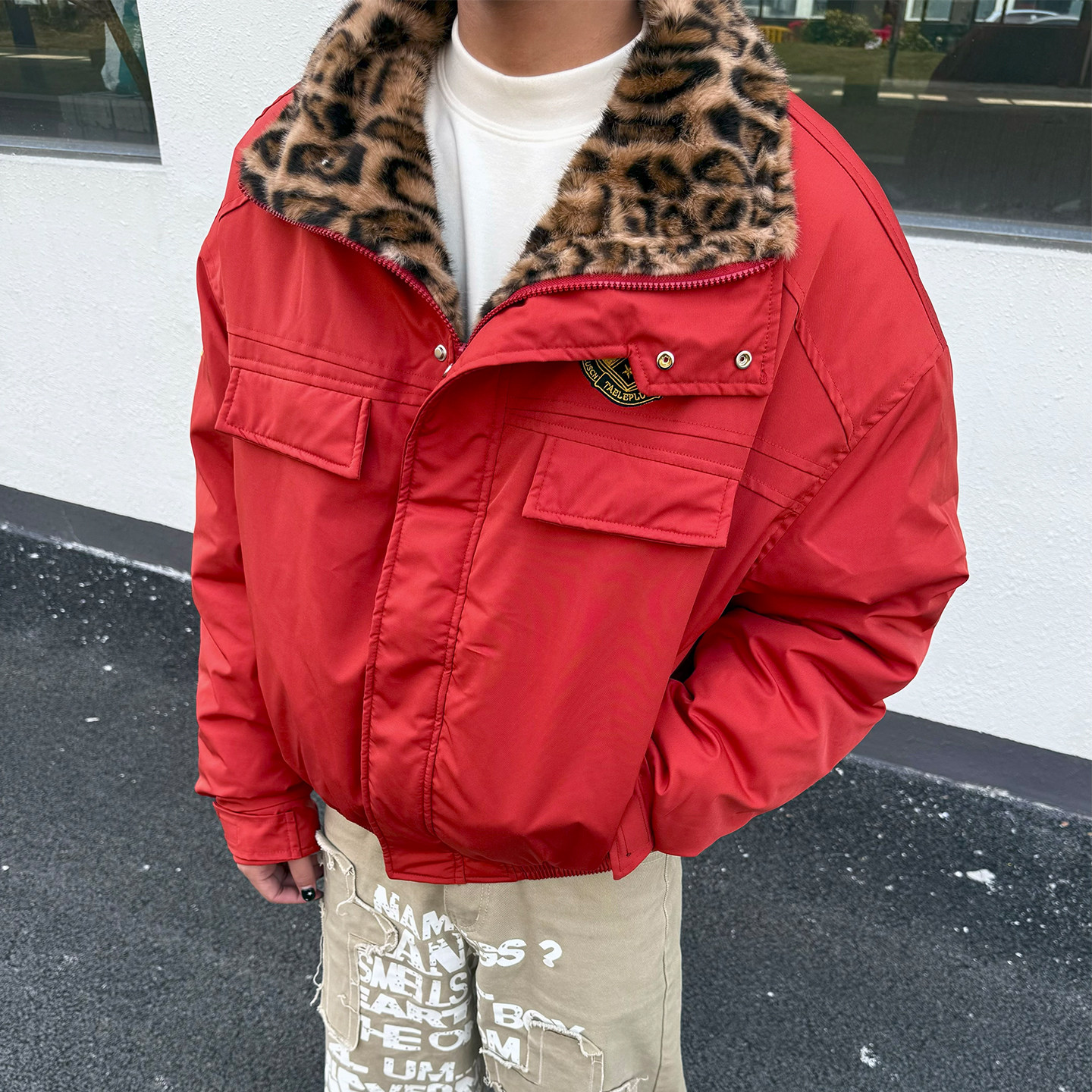 美式廓形豹纹座山雕棉服外套男潮