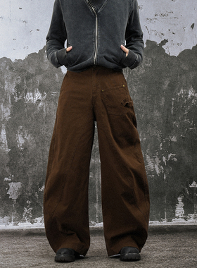 FLAME ONG 美式复古解构设计感小口袋弯刀裤男宽松阔腿休闲工装裤