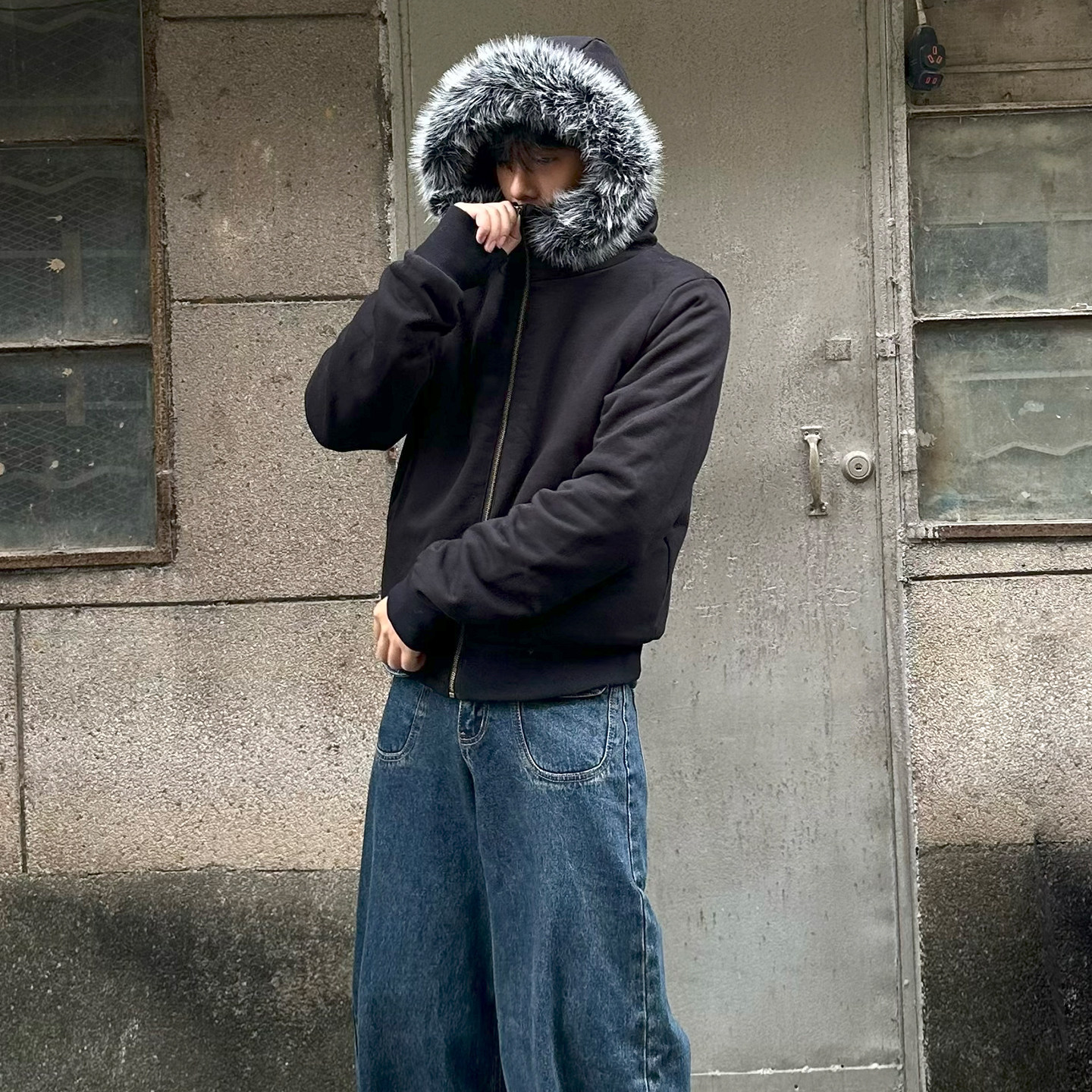 美式可拆卸毛领连帽棉服外套男潮