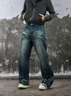 FLAME ONG 美式复古设计感廓形波纹牛仔裤男宽松直筒百搭小众长裤