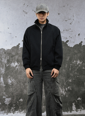 FLAME ONG 美式复古插肩袖加绒开衫卫衣立领夹克男宽松小众百搭潮