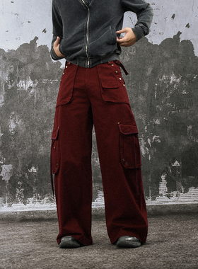 FLAME ONG 美式复古高街多口袋水洗工装裤男女做旧宽松街头休闲潮