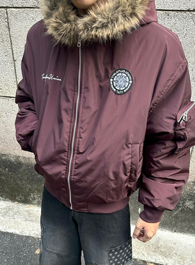 FLAME ONG 美式复古毛领勋章刺绣连帽棉服外套男冬季宽松保暖外套