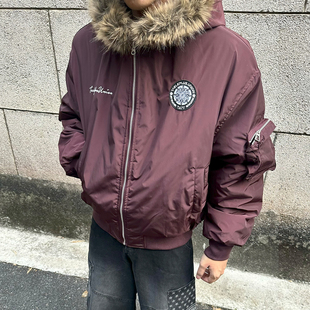 复古毛领勋章刺绣连帽棉服外套男冬季 美式 宽松保暖外套 ONG FLAME