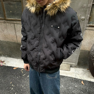 复古高级感菱格大毛领连帽羽绒服男冬季 美式 宽松百搭潮 ONG FLAME