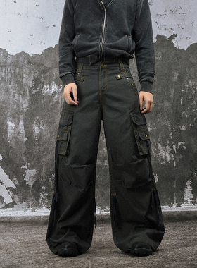 FLAME ONG 美式复古做旧明线多口袋设计感朋克风工装休闲长裤男潮