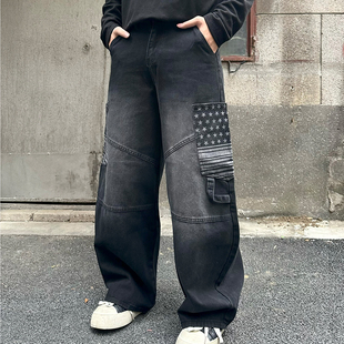 ONG 男宽松休闲百搭水洗长裤 美式 阔腿裤 潮 复古星星印花工装 FLAME